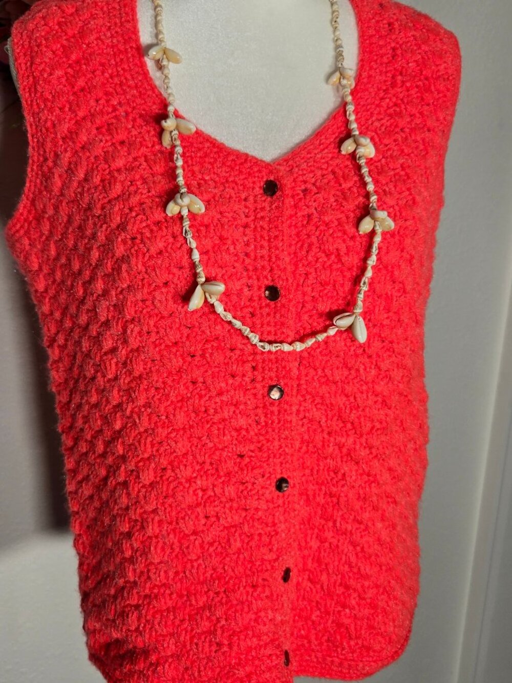 Hand‑Crocheted Button Vest + Free Shell Necklace